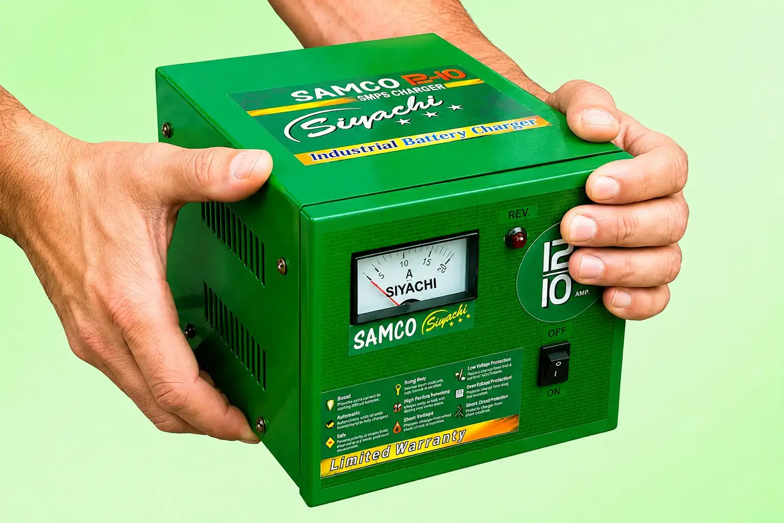 SAMCO 12V 10A industrial battery charger for workshops