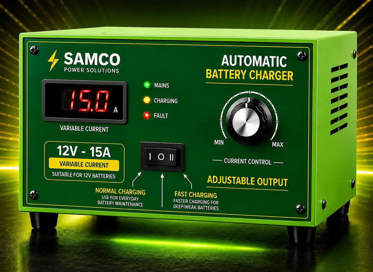 SAMCO 12V 15A automatic battery charger for inverter and tractor batteries