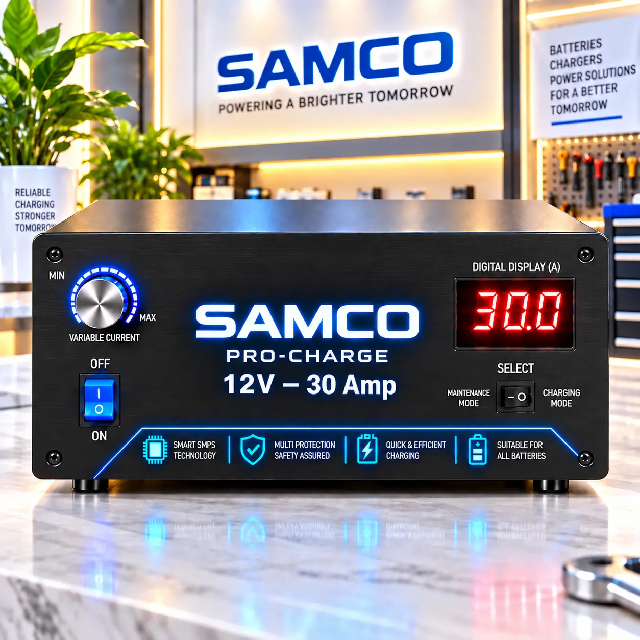 Samco Battery 12V 30 amp battery charger — automatic, six-step knob and digital ammeter, for 200Ah tubular inverter battery