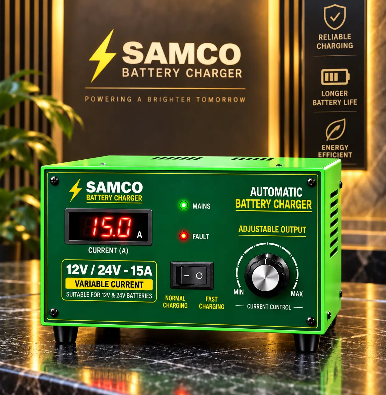 Samco Battery 12/24 വോൾട്ട് 15 ആമ്പിയർ ഡ്യുവൽ-വോൾട്ടേജ് ബാറ്ററി ചാർജർ