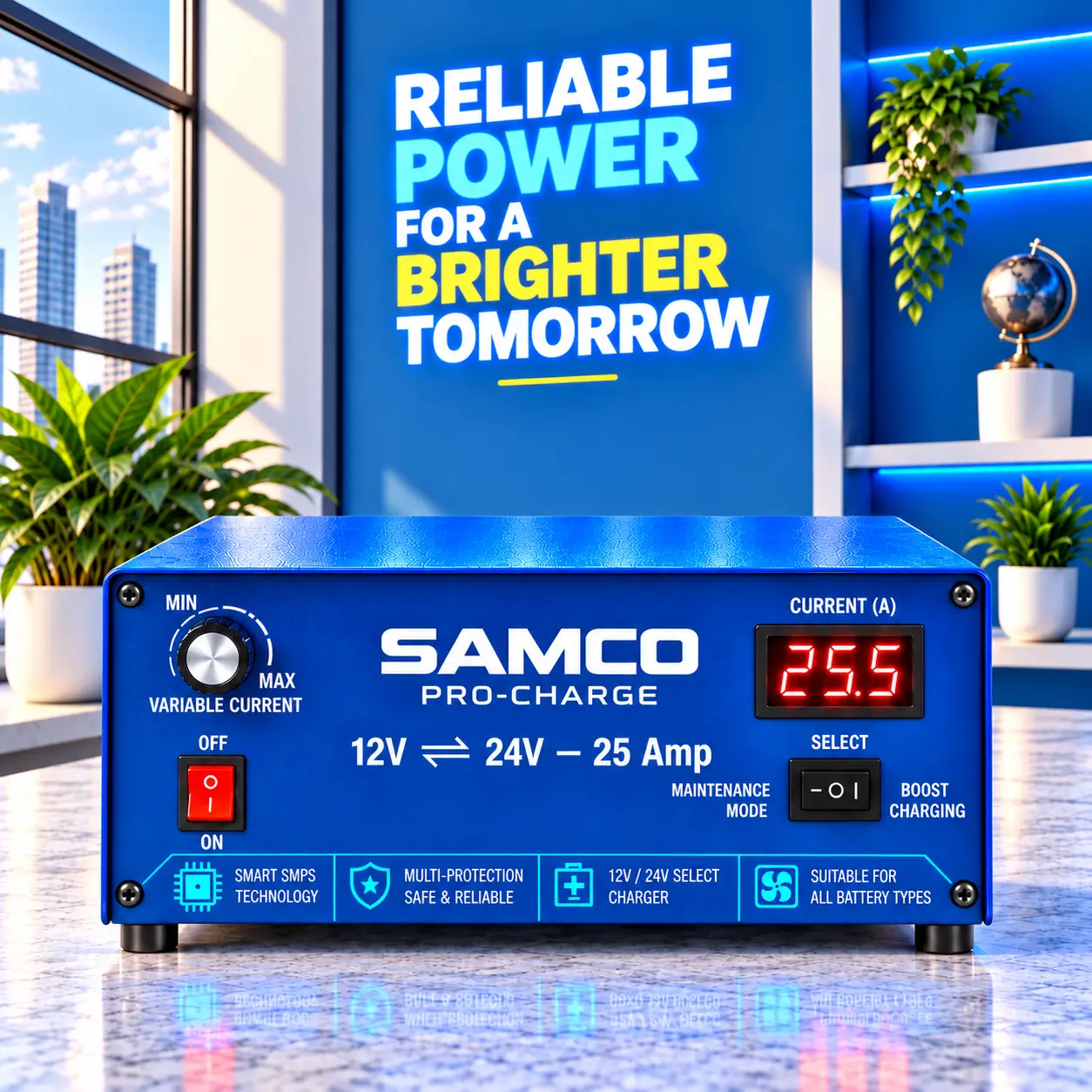 Samco Battery 12V 24V 25A battery charger (बैटरी चार्जर) — digital ammeter, six-step Minimum to Maximum knob, Normal/Fast modes