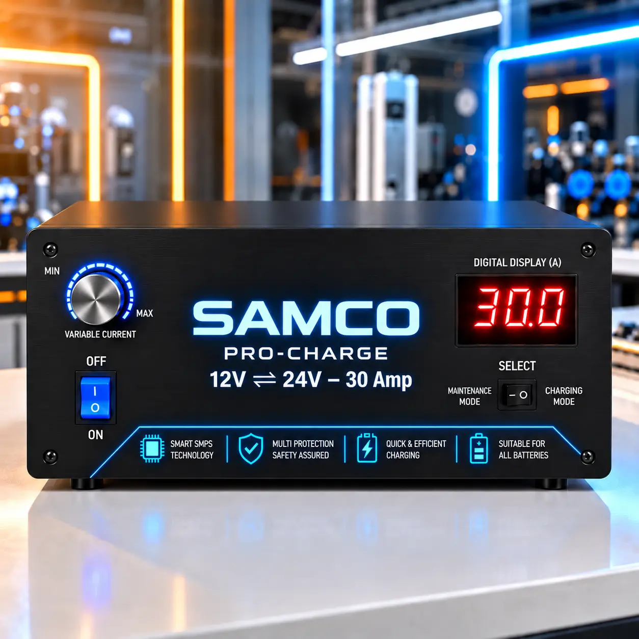 12V 24V 30A battery charger by Samco Battery with digital ammeter and variable current dial
