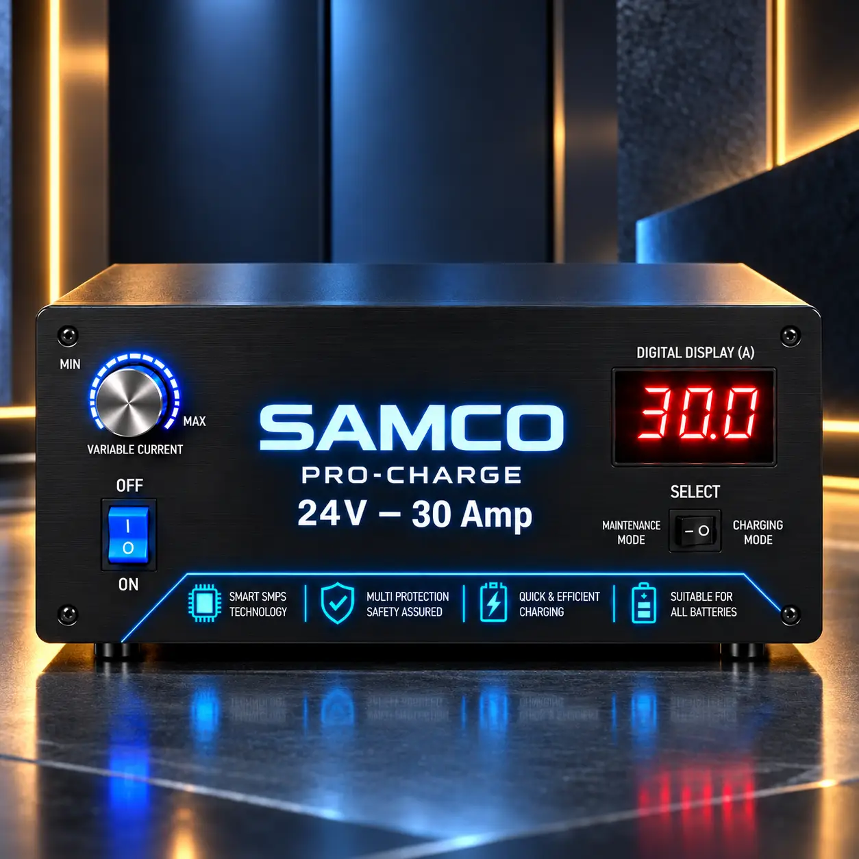 Samco Battery 24V 30 amp battery charger — automatic, with 6-step current knob and live ammeter — truck, JCB and forklift charger made in Delhi